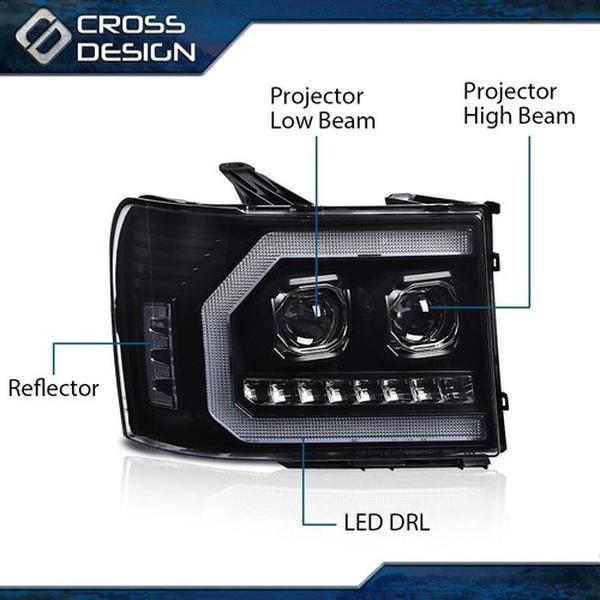 CROSSDESIGN LED DRL Tube Headlights Lamps Fit For 2007-2013 GMC Sierra 1500 2500HD 3500HD