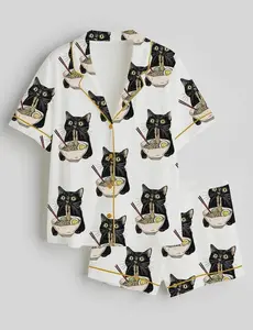 Personalization Women's Noodle Cat Satin Pajama Set, Sleepwear, Cute Funny Noodle Cat Print PJs #pajamas