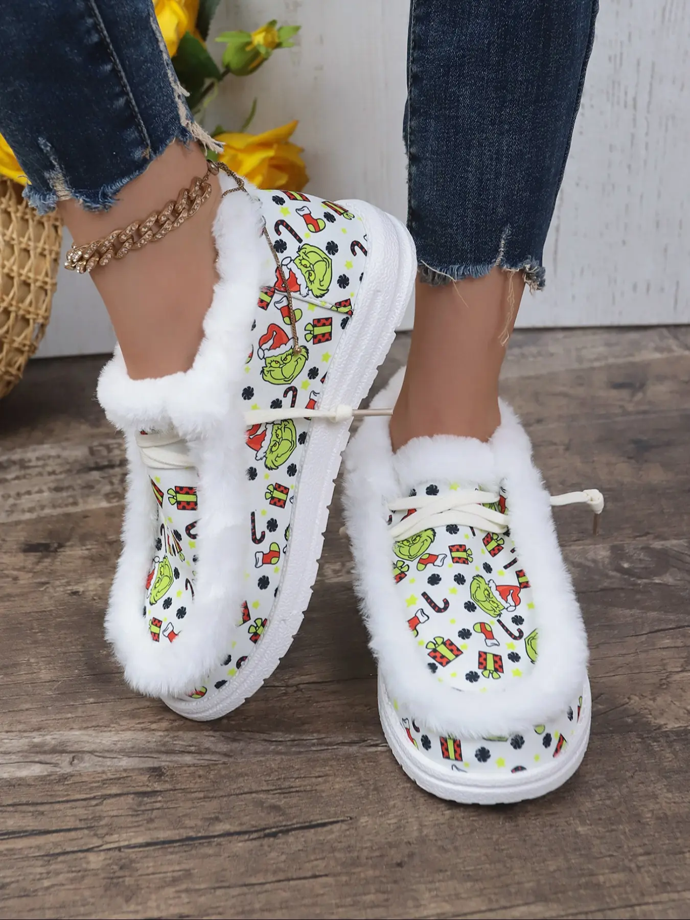 Women's Winter Warm Snowman Print Casual Shoes, Fleece Lined Ankle Boots, Socks Boots, Cute Style Lace-Up Footwear for Fall & Winter, Rubber Sole Boots