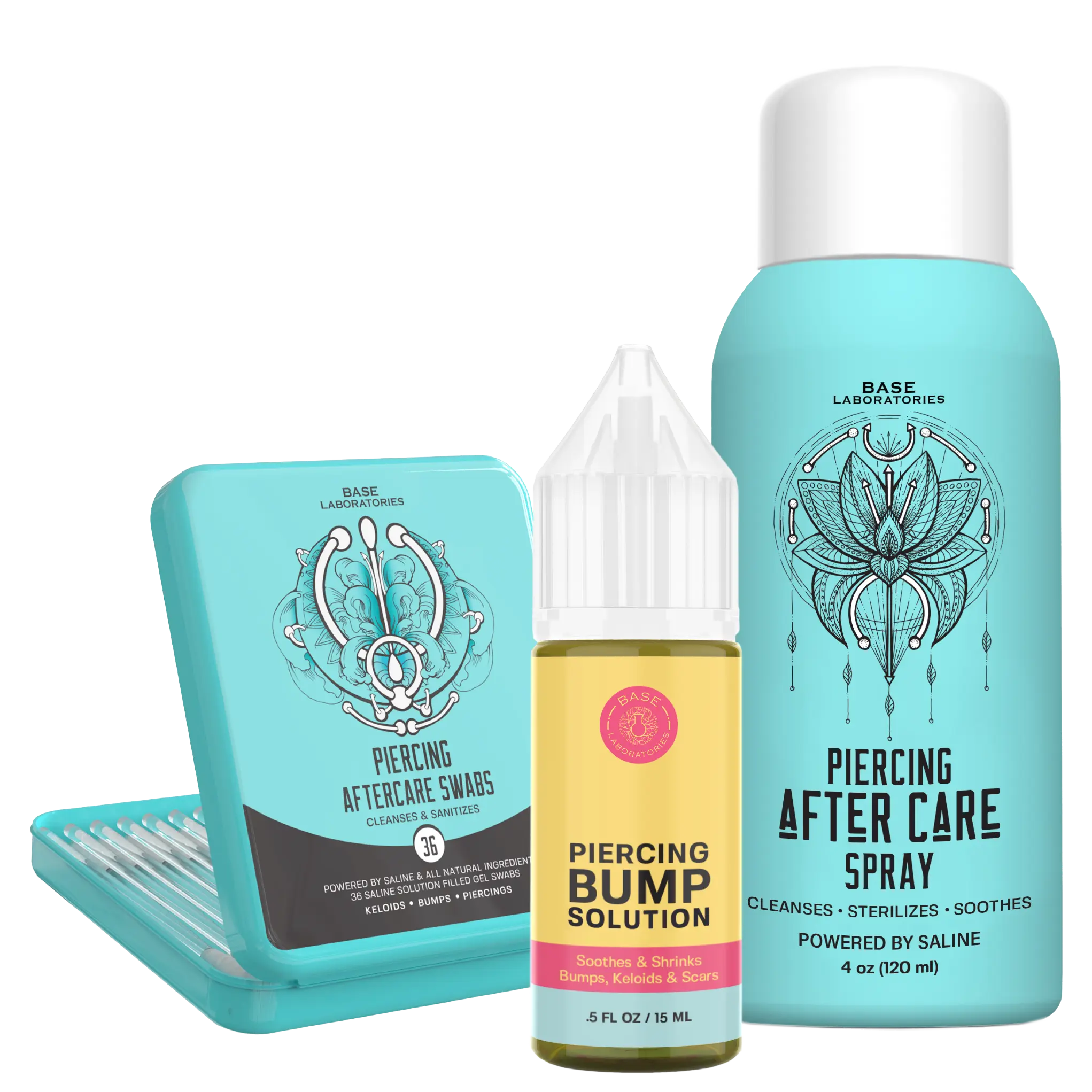 Base Laboratories Piercing Aftercare Kit | Saline Piercing Aftercare Spray -  Keloid Bump Removal Oil -  Piercing Cleaner Gel Swab Aftershave Smooth Aftershave Foam