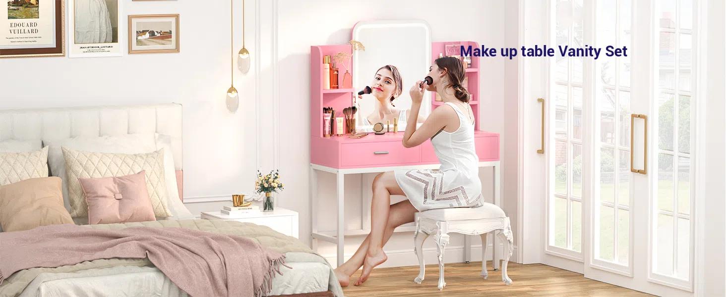 Unikito 33.7" Vanity Desk with Power Outlet, White and Black Makeup Dressing Table with Mirror and Lights, Ample Storage Space small  room Vanitydesk