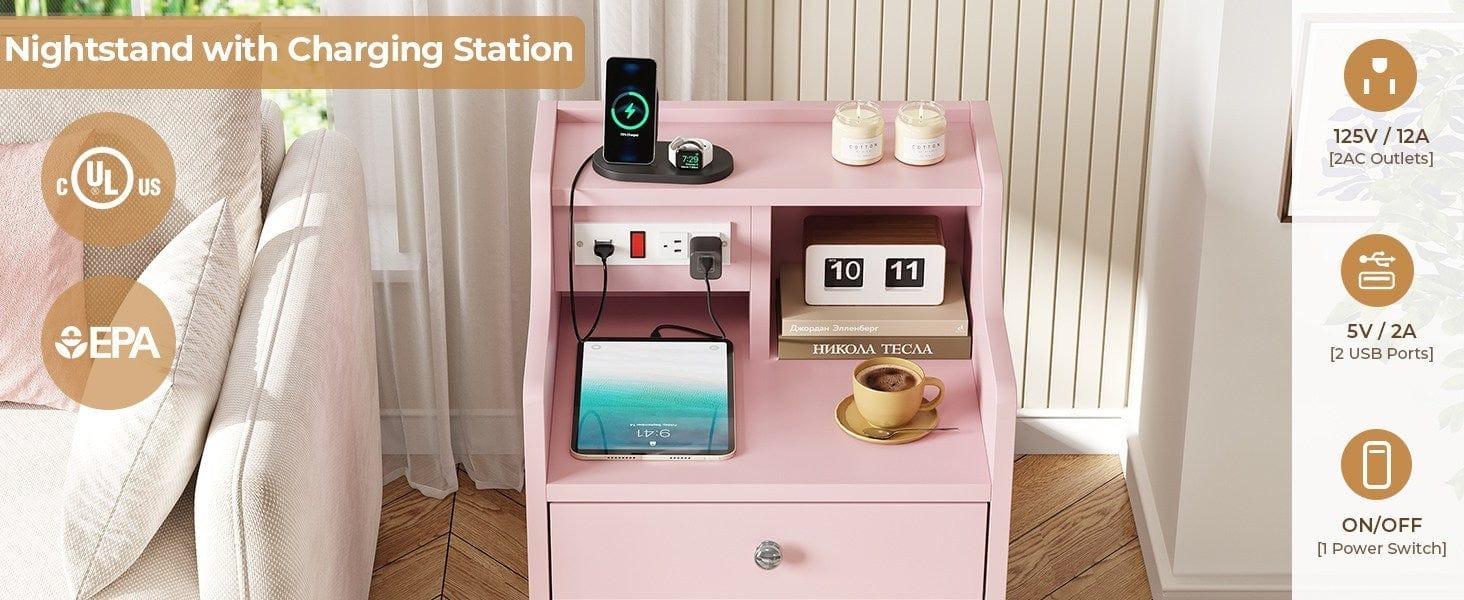 Sikaic Nightstand with 3 Drawers Charging Station Pink