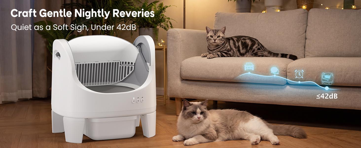 Best Seller | ECORUI Self - Cleaning - Litter Box Open Top Automatic with App Control for Multiple Cats Safety Sensors Protection Cream White 16.5"x17.3" Entrance 8L Compartment