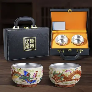Silver-Plated Dragon Horse Spirit Tea Set Silver Tea Cup & Bowl with Ceramic Master Cup Hand-Painted Craftsmanship Creative Gift Tea Set