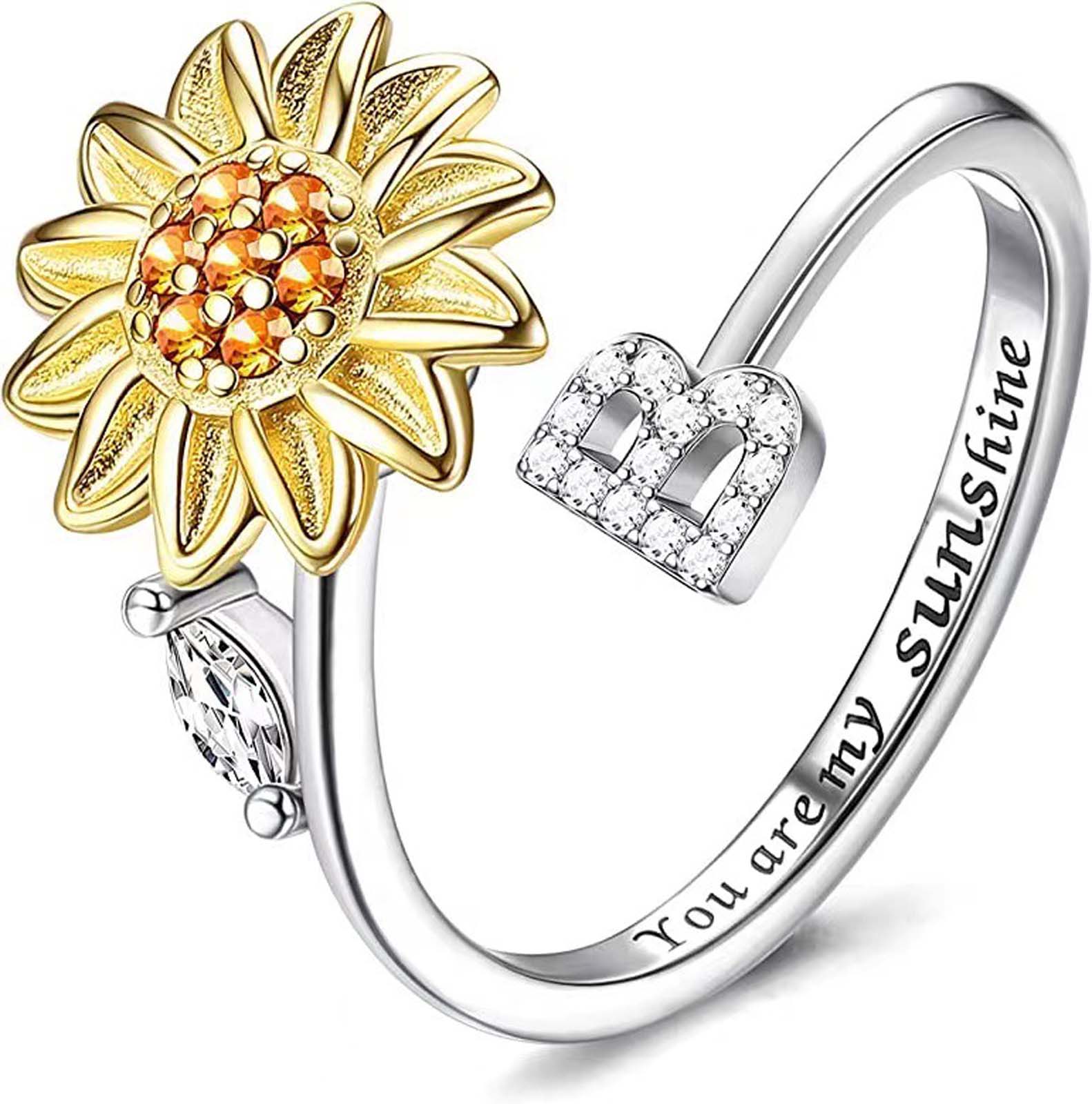 "You Are My Sunshine" Floral Artificial Gemstone Spinner Ring - Customized with 26-Letter A-Z Initial Letter Set, Spinner Mechanism, Flowers, Unisex Daily Wear Jewelry Gift for Women & Adults