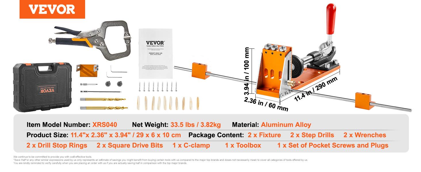 VEVOR Pocket Hole Jig Kit, Various specifications, Pocket Hole Jig System with C-clamp,  Fixture, Step Drills, Wrenches, Drill Stop Rings, Square Drive Bits, Toolbox, Adjustable, for DIY Carpentry Projects