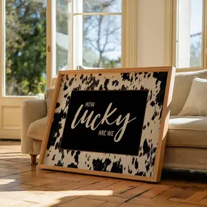 How Lucky Are We, Cowhide Sign, Horizontal Poster, Cowgirl Print, Retro Cowboy Decor, Punchy Western Wall Art