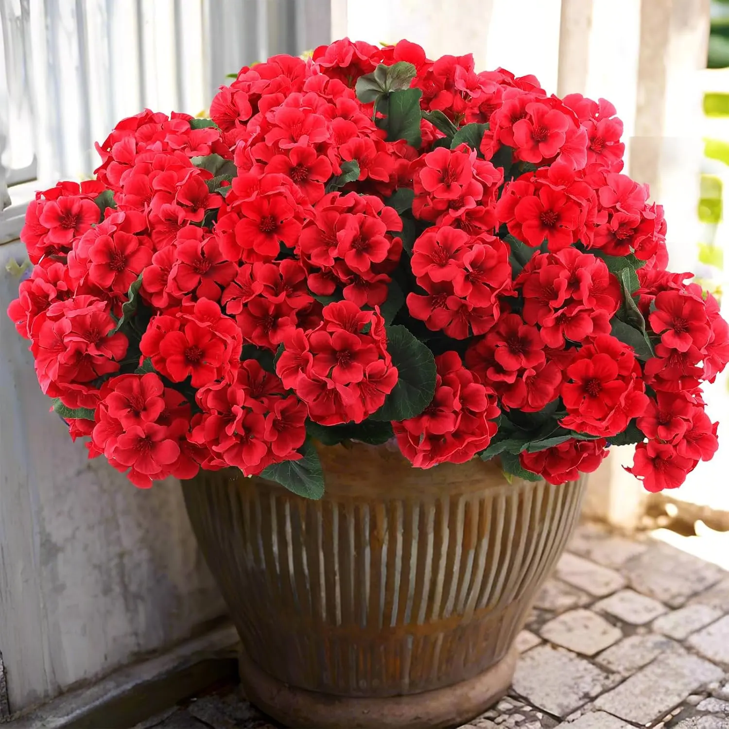 8-Pack UV-Resistant Plastic Artificial Geraniums - Luxury Decorative Flowers for Garage, Kitchen, Balcony Home Use (Indoor/Outdoor Hanging Pots, Porch, Window, Toilet Accents, Red),dorm decor,dorm room decor