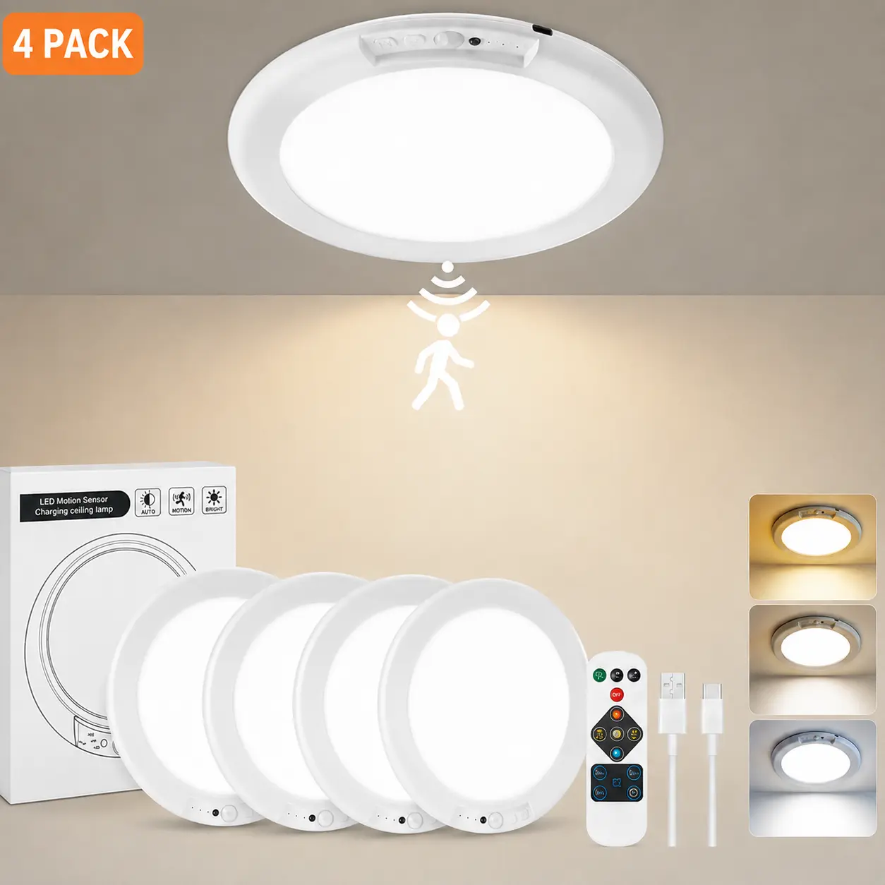 Rechargeable Magnetic Mount Ceiling Light with Remote Control (1/2/4-Pack) - Battery Operated Lamp, Color Changeable LED, Motion Sensor, Dimmable for Closet, Shower, Garage