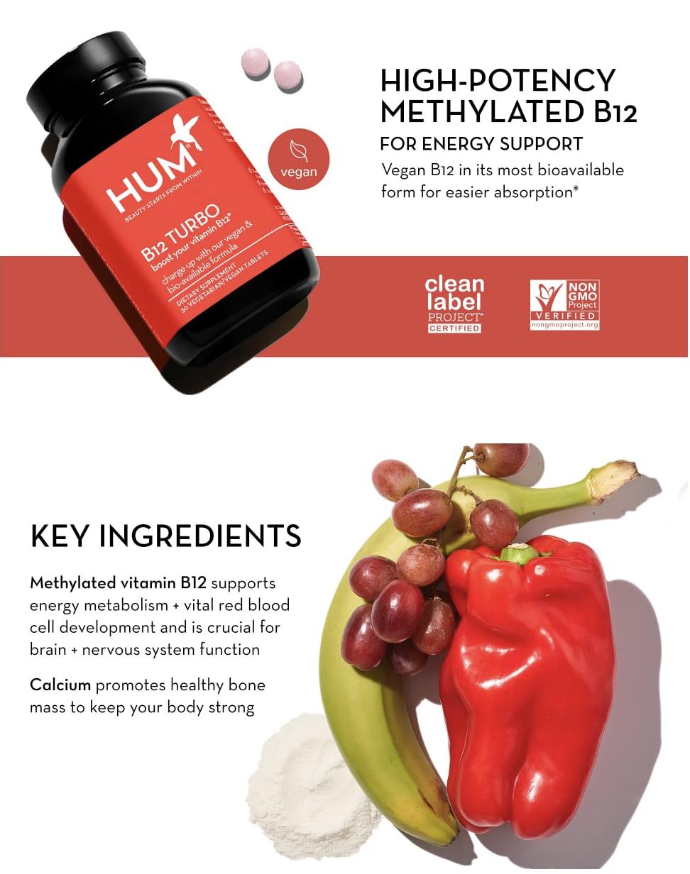 HUM B12 Turbo - Daily Energy & Calcium Support & Mood Support + Hormone Balance - Non-GMO, Gluten-Free, Vegan (30 Count)