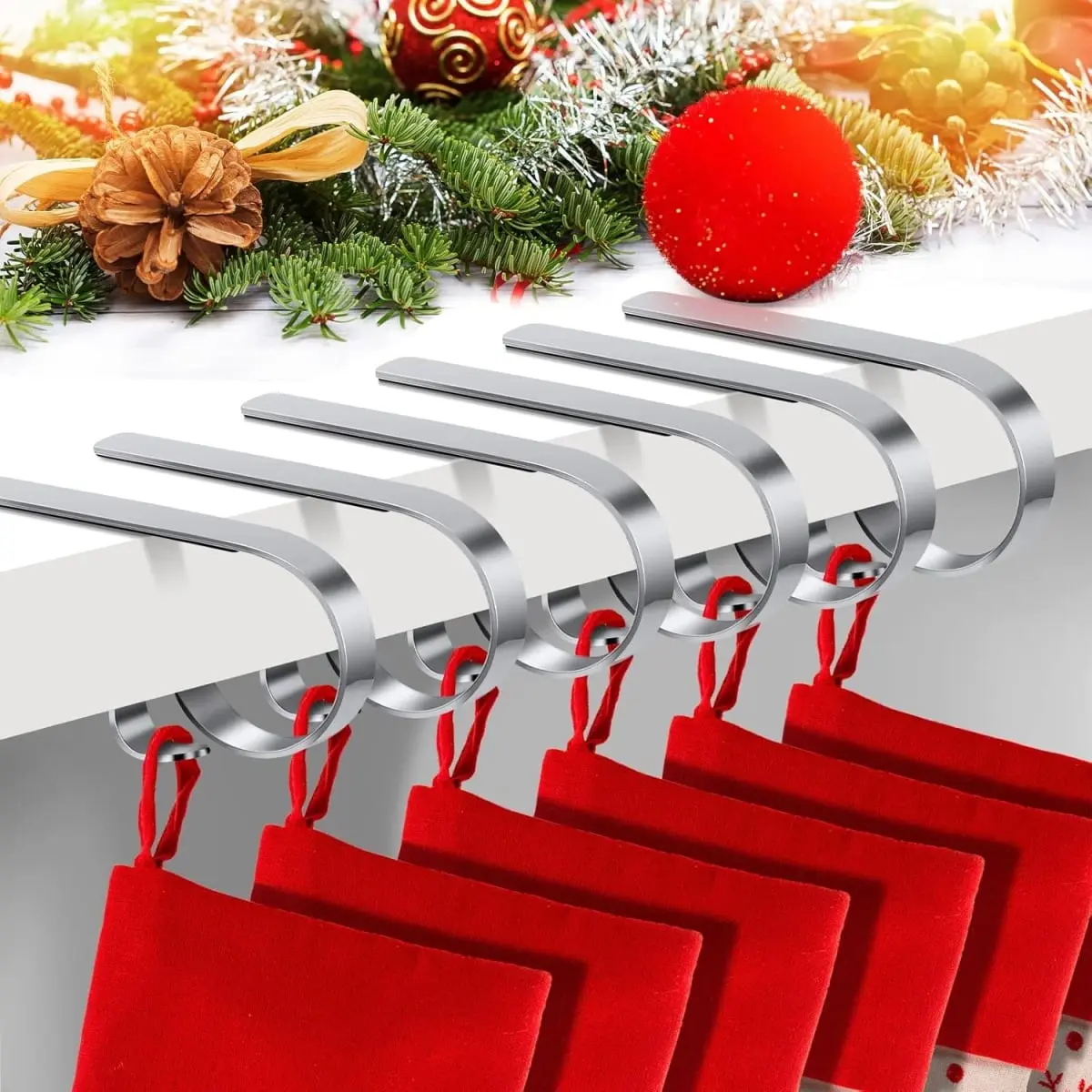 6-Pack 360-Stand Metallic Christmas Stocking Holders for Mantle - Non-Slip, Adjustable HD-6 Pad Home Organizer Hooks with Shiny Decoration, Home Ornaments