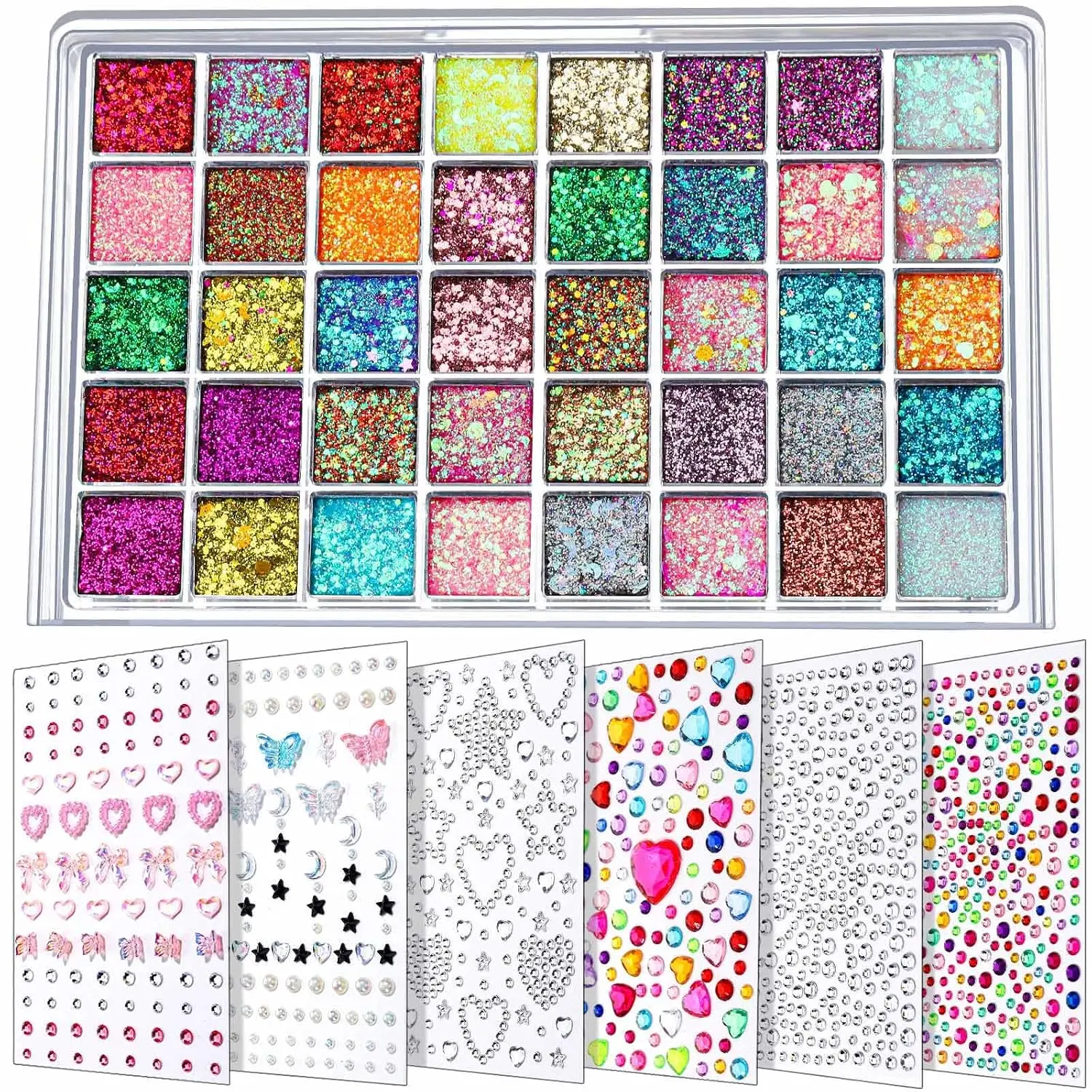 Women's Smooth Long-Wearing Cosmetic Face Glitter & Gems Set - 40-Color Glitter Gel Palette, 6 Sheets Self-Adhesive Fun Shapes Hair Gems, Face Jewels, Rhinestones & Pearls for All Skin Types, Body & Hair Makeup Kit