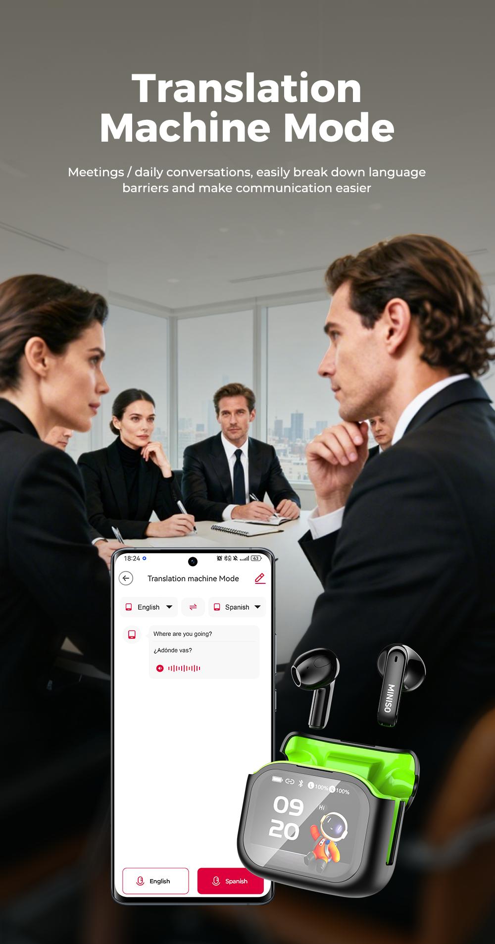 MINISO 103  AI Headset Translates 134 Languages Wireless Noise Cancelling Earbuds with Smart Screen Case, Clear Calls, App Translation, 30H Battery, Bluetooth 6.0, IPX5