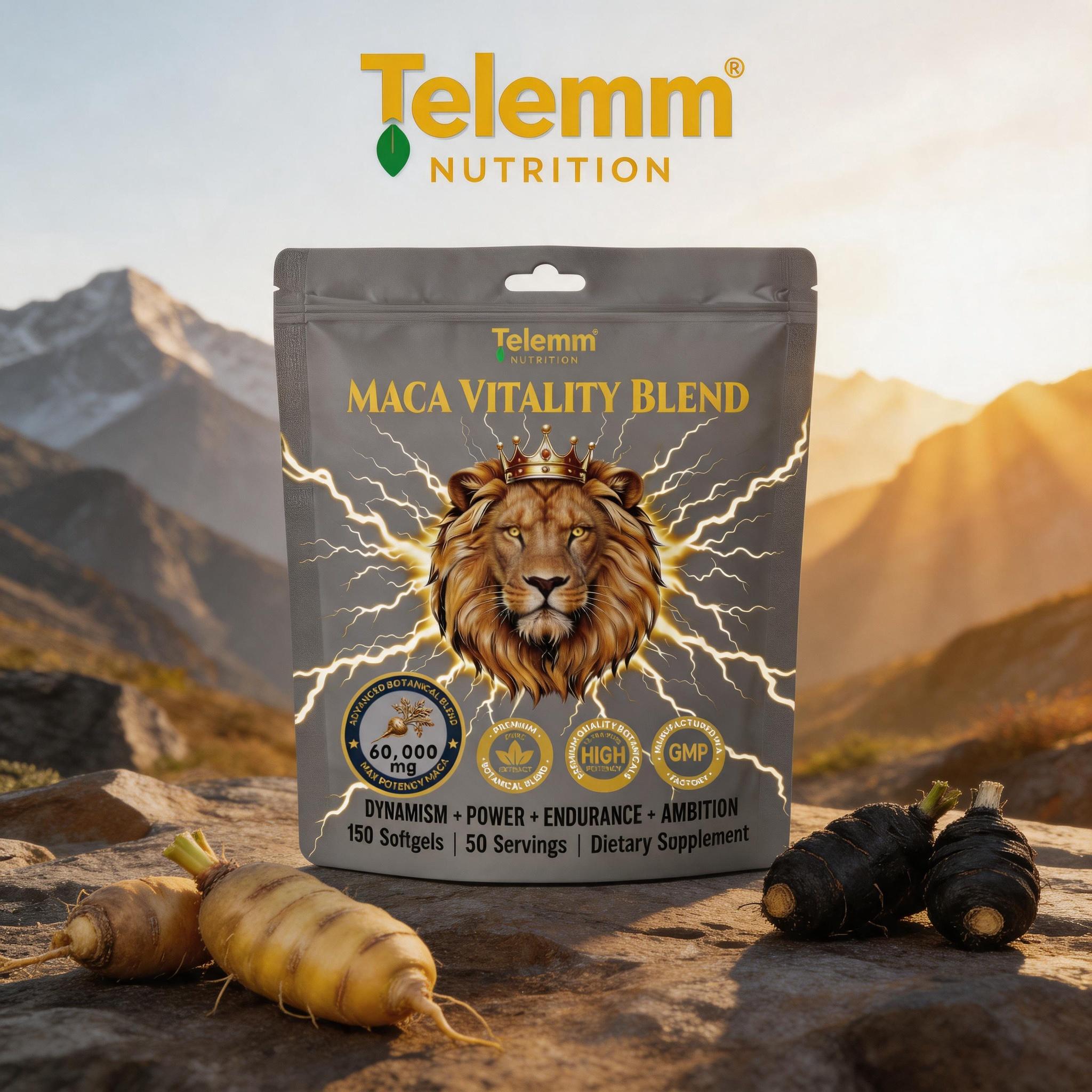 Telemm Pure Root Maca Softgels, 60000mg Natural Herbal Dietary Blend, Non-Stimulant Adult Daily Botanical Supplement, 150ct 50-Day Supply, Clean Hypoallergenic GMP Cert Formula