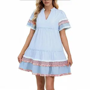 EZAPINE Women Striped Mini Dress V Neck A Line Flowy Fringe Hem Puff Sleeve Cute Tiered Babydoll Dress