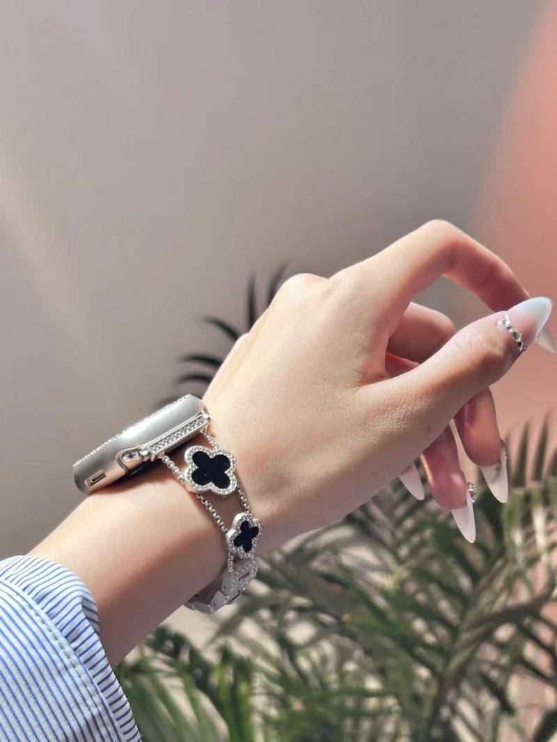 Black Shell Clover Slim Metal Bracelet for iWatch (Band Only)  - Business & Dressy Strap Compatible Series 1-11/SE/SE2/Ultra/Ultra2 (38-49mm) Women & Men (Watch Not Included)#TikTokShopHolidayHaul