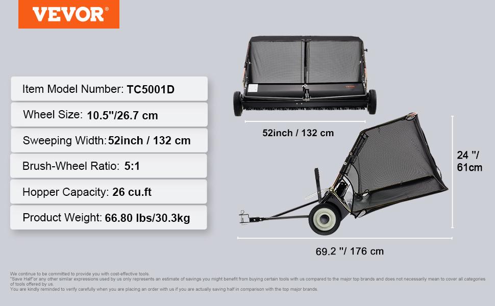 VEVOR Lawn Sweeper Tow Behind,  Max. 52 Inch 26 cu.ft. Large Pull Behind Grass Sweeper, Heavy Duty Leaf & Grass Collector with Dumping Rope Design, Adjustable Sweeping Height for Picking Up Debris & Grass