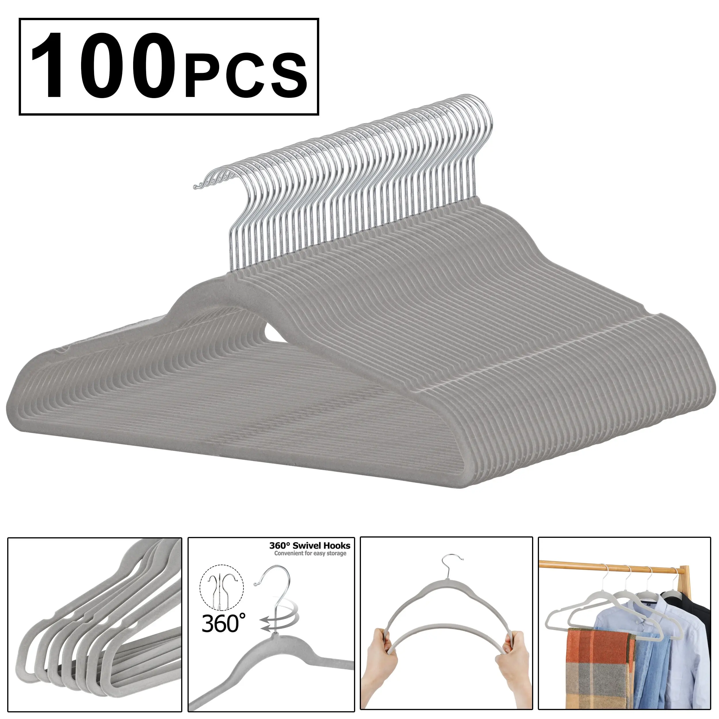 ZENY 100-Pack Gray Velvet Space-Saving Non-Slip Set Hangers & Pegs - Ultra-Thin ABS PC Material Heavy-Duty Hangers with 360° Swivel Hook, Accessory Bar, Contoured Design, 10lbs Capacity Hanging Clothes Organizer