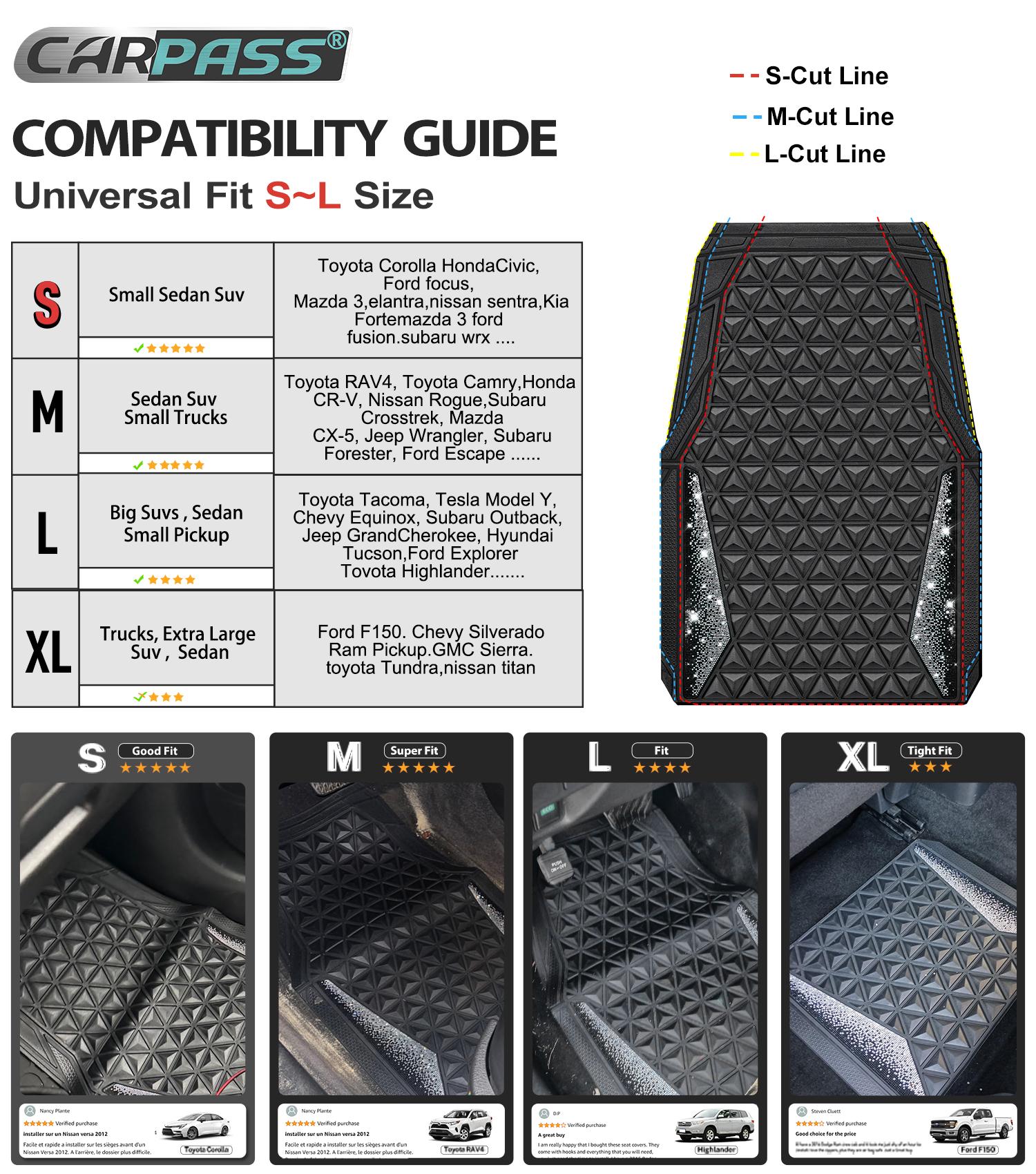 CAR PASS Bling Diamond Rhombus Rubber Leather Car Floor Mats, All-Weather for Car Full Set Durable Anti-Slip, Waterproof Trim Universal Fit,Sedan,SUV,Truck Vehicle Automotive