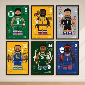 Curry, LeBron, Tatum, Wembanyama, Jokic, Giannis basketball star building block style cartoon art canvas painting, signed poster, featuring legends and rising stars, team star players, home decor artwork