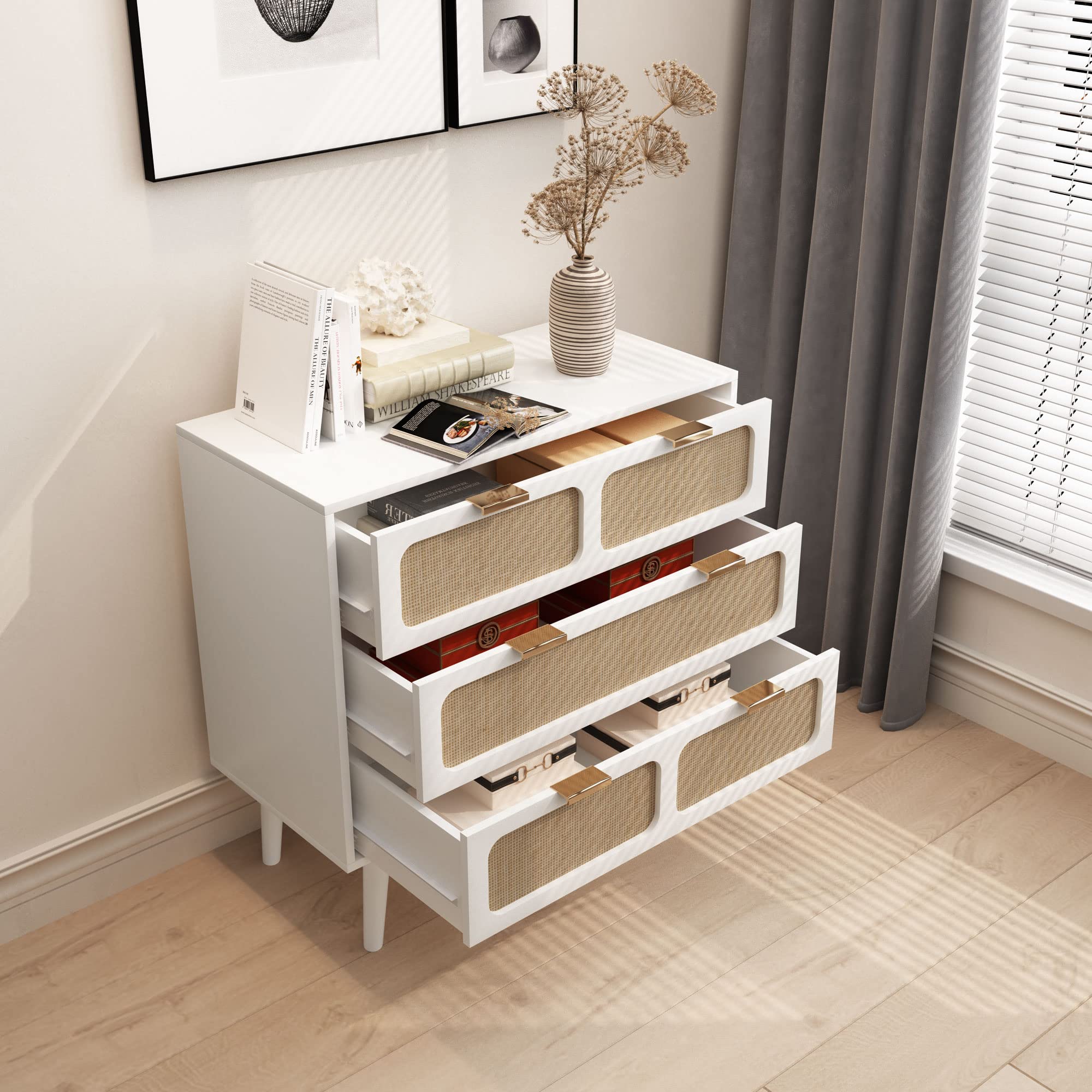 Giratree 3 Drawer Dresser, Modern Rattan Dresser Chest with Wide Drawers and Metal Handles, Farmhouse Wood Storage Chest of Drawers for Bedroom, Living Room, Hallway, Entryway