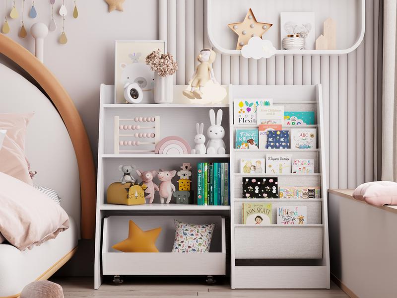 4-Tier Rolling Toy Storage Cabinet for Kids, 5 Layer Sling Toddler kids furniture,Baby Furniture Book Rack,Book and Toy Organizer Cabinet  with Wheels , White.