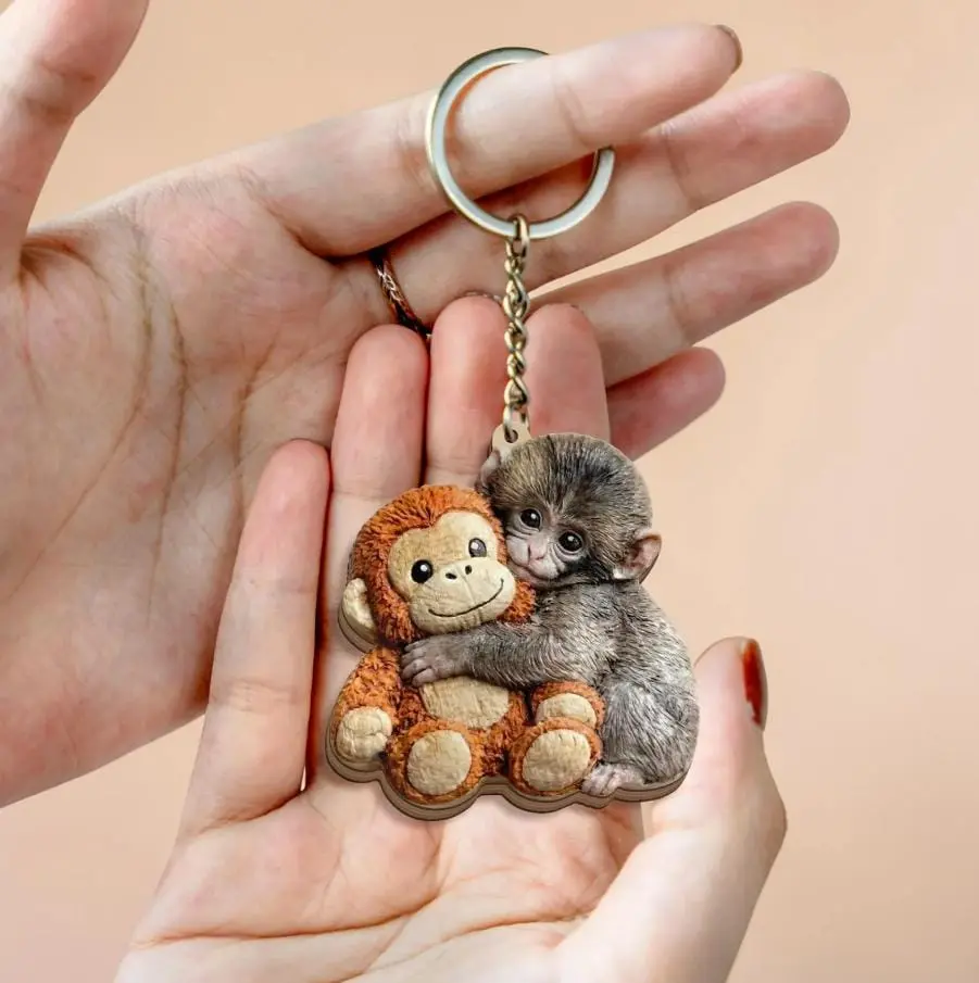 Viral Baby Punch Monkey Wood Keychain – Cute Monkey Hugging Plush Toy Charm, Emotional Animal Lover Gift, Custom Shape Wooden Keyring