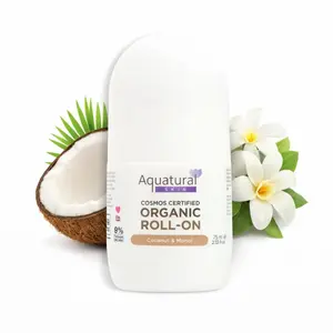 Aquatural Organic Unisex Deodorant Gentle Invisible Roll-On Paraben-Free Vegan Cruelty-Free Nurtures Sensitive Skin Natural Freshness Coconut Monoi Scent 24% Organic Content 2.53 fl oz