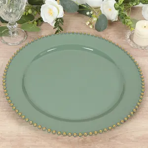 10-Pack Economy Plastic Charger Plates 13" Round Dusty Sage Green with Gold Beaded Rim - Stylish Dinner Party Serving Plates