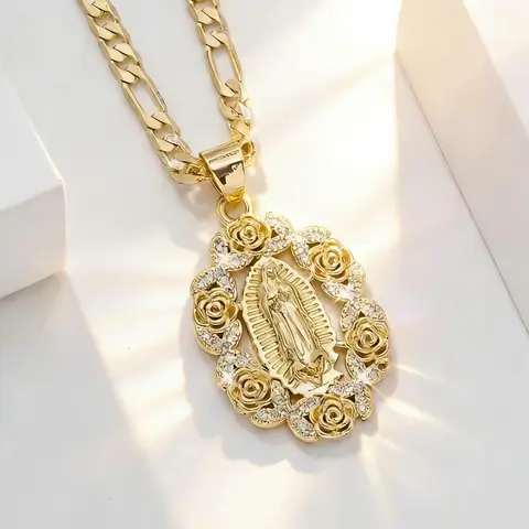 14K Gold Plated Our Lady of Guadalupe Pendant Necklace Rose Design Cuban Chain with Cubic Zirconia Accents Christian Catholic Jewelry Gift for Mom Wife Girlfriend