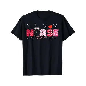 Valentine's Day Nurse Scrub Top - Black T-Shirt With Pink NURSE Lettering & Stethoscope Design, Short Sleeves, Machine Washable For Men & Women