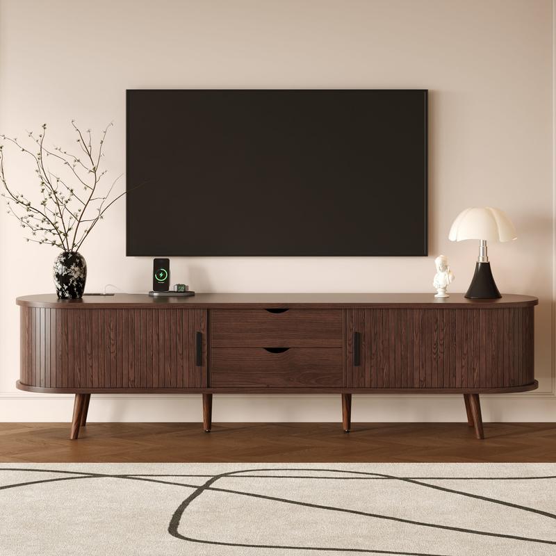 70 Inch Mid Century Modern TV Stand, TV Stand for 80 Inch TV, TV Stand with Tambour Doors, Drawers and Power Outlet, TV Consoles for Living Room, Bedroom