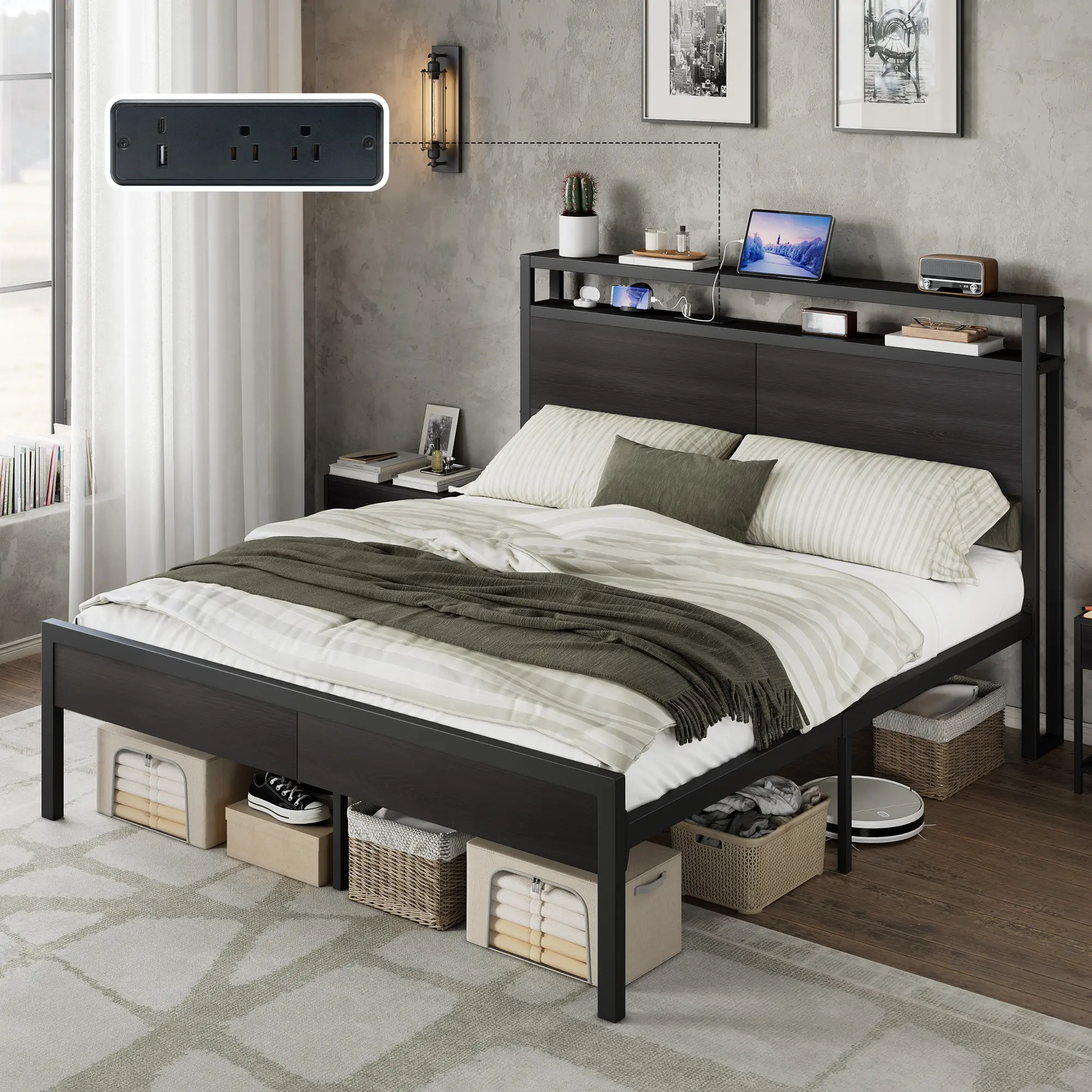 AMERLIFE Bed Frame with Storage Headboard & Charging Station, Industrial Metal Platform Bed with Large Under-Bed Storage, Heavy Duty Slats, No Box Spring Needed[tiktokshopbacktoschool][SohoChic]