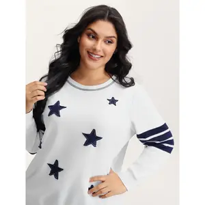 【 Comfy Chic】Bloomchic Star-Stripes Applique Stretchy Hem Sweatshirt Fit Hoodie Swimweek