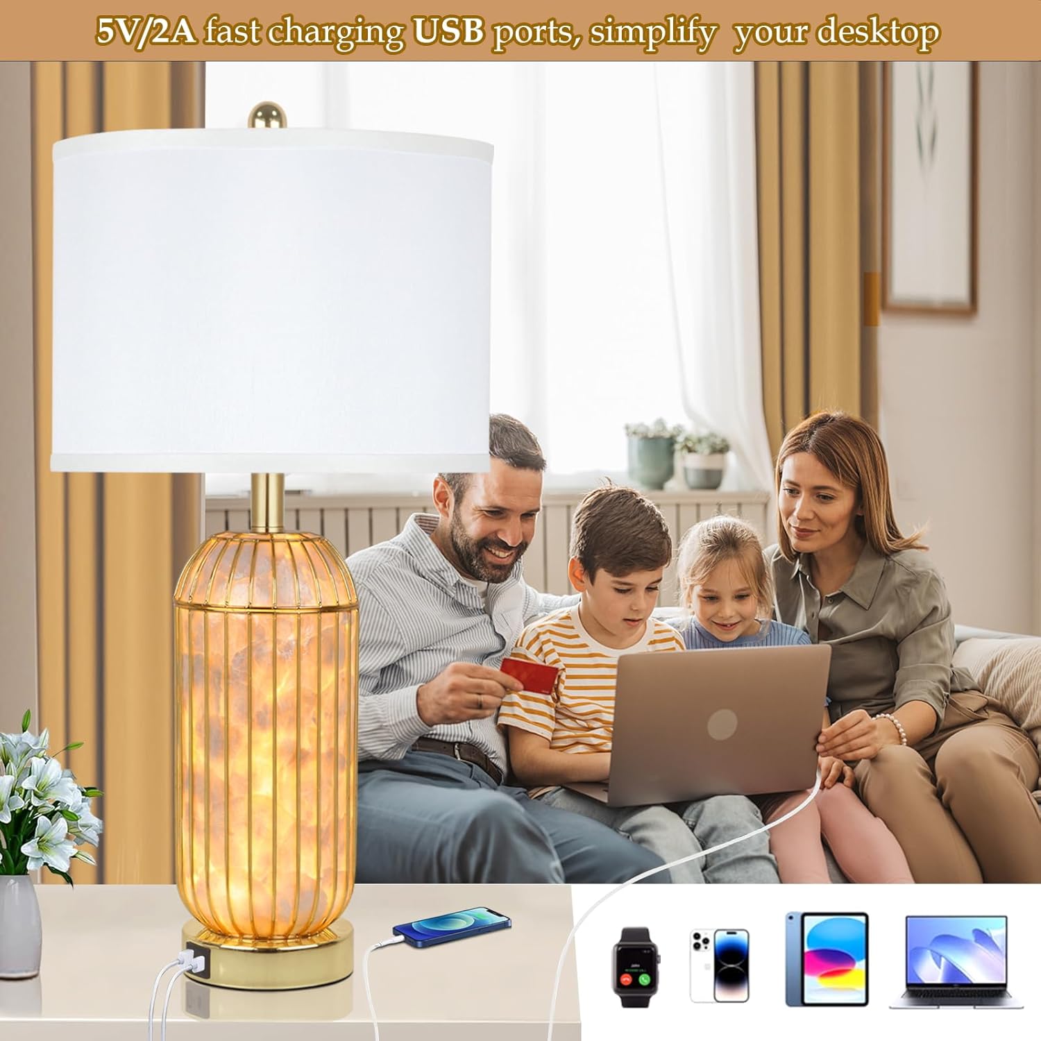 26" Plating Nightstand Lamp with USB C+A Ports, 2 Packs Set Gold Table Lamps, Capiz Shell Bedside Lamps with LED Nightlight, Tall Modern Side Table Lamps with White Lampshade for Bedroom and Living Room