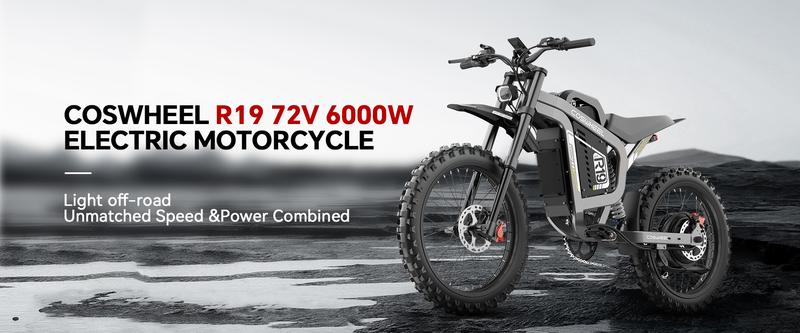 COSWHEEL R19 Adult Electric Bike 6000W 72V 40AH 19 Inch Tires 50MPH 125 Miles Range, frenos de disco hidráulicos duales, suspensión completa,Off-Road Electric Bike for Teenagers Snow Mountain.