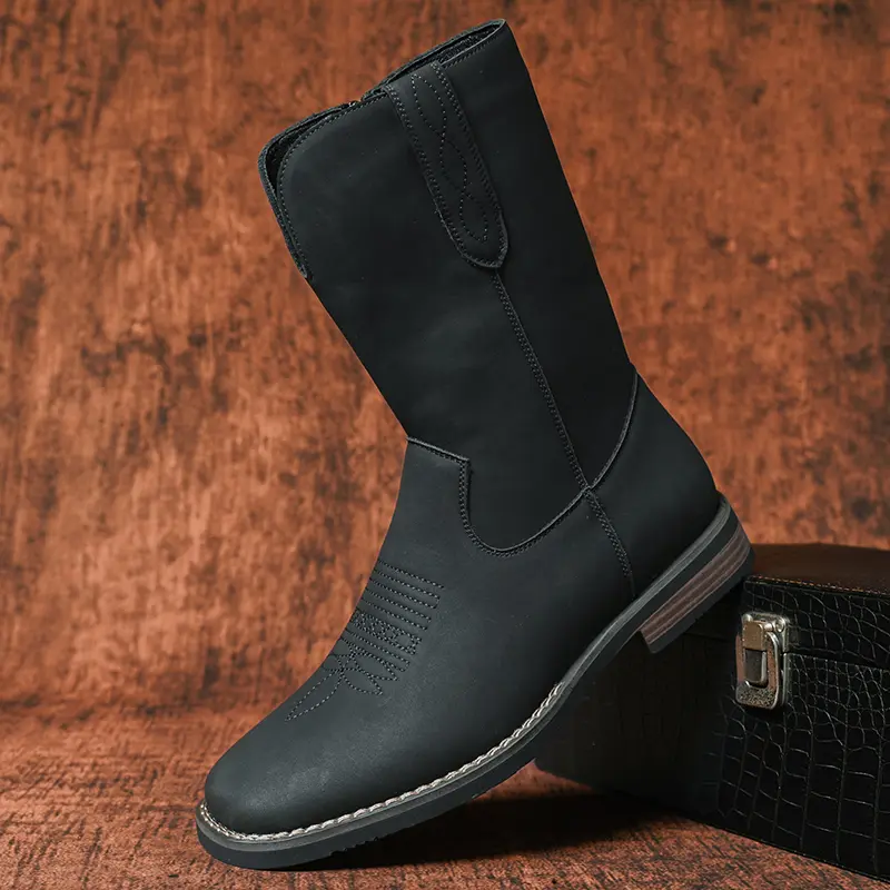 Unisex retro square-toe western cowboy boots with classic embroidery & soft PU leather. Minimal vintage-style footwear with a practical side zipper, stylish non-slip durable rubber sole, casual everyday Western shoes for men and women