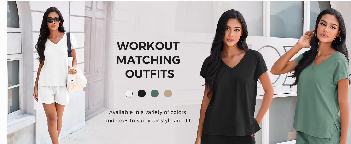 Fisoew Womens 2 Piece Cotton Lounge Sets Workout Matching Outfits V Neck Cap Sleeve Tops and Active Shorts Loungewear SpringStatements