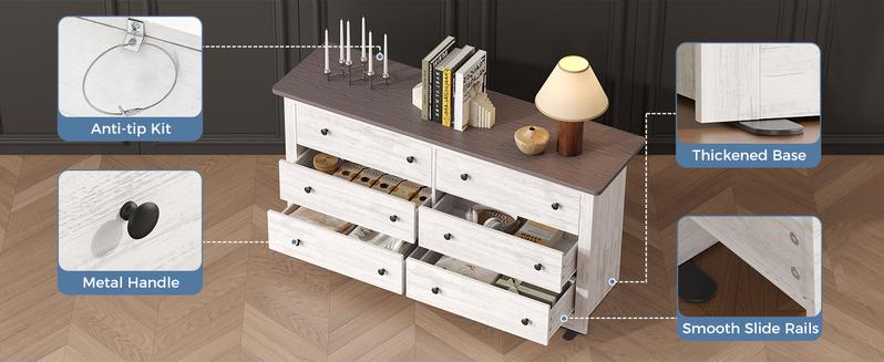 59in Wood Dresser 6 Drawer Storage Cabinet Vintage Dresser Chest of Drawers for Bedroom and Living Room