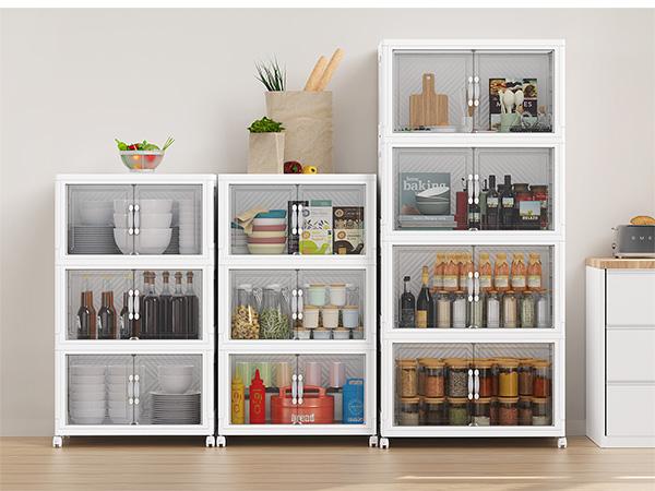 Broview V20 300QT/400QT/640QT Extra Large Stackable Storage Bins, Clear Plastic Closet Organizer Cabinet with Lid and Wheels, Collapsible Latch Boxes Folding Drawer with Door for Home Kitchen Room Organization