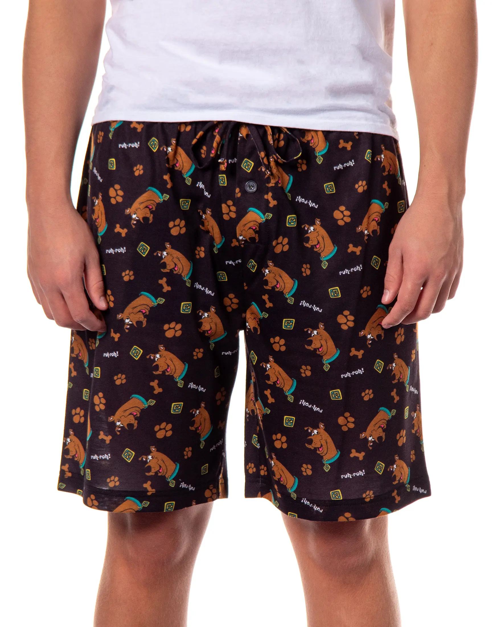 PJammy Scooby-Doo Men's Soft Fabric Graphic Lounge Shorts, Playful Tossed Print, Breathable Relaxed Fit, Elastic Waistband, Side Pockets, Button-Accented Sleepwear