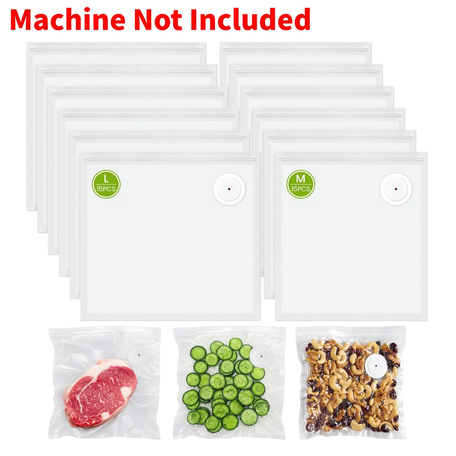(Total 30 PCS)FEPPO Reusable Vacuum Sealer Containers Bags, 15 PCS 8.3"×8.7" & 15 PCS 10.2"×11" Bags with Air Valve