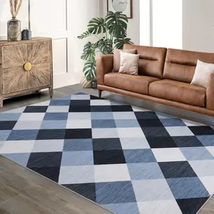 GARVEE Machine Washable Plaid Checkered Design Non-Slip Rubberback Runner Rug Modern Abstract Geometric Print Carpet Traditional Area Rug for Hallway,Kitchen,Bedroom,Living Room,9x12,Navy and White