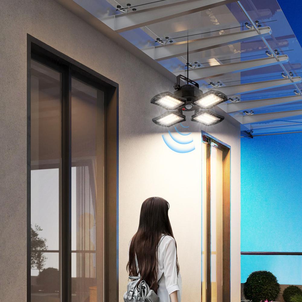 Solar Shed Light Outdoor Indoor Solar Powered Motion Sensor Pendant Light 5 Lighting Modes & Remote Control 4-Leaf 120°Adjustable Lights for Home Yard Garage