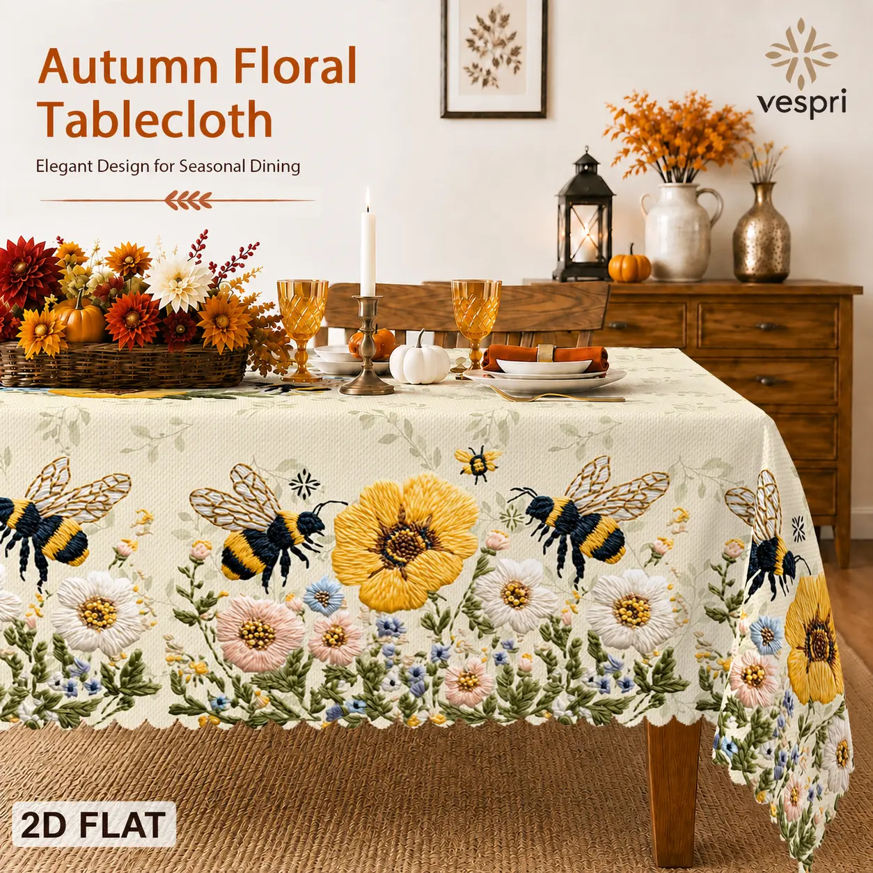 Bee and Sunflower Tablecloth with Honey Bees, Sunflowers, Wildflowers and Green Leaves, polyester for Spring Holiday Decor and Garden Parties, Machine Washable, Multi-Size, Table Protection, Clearance Sale