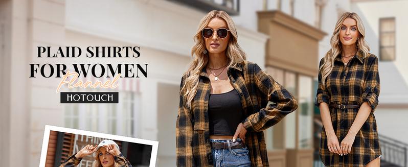 Women's Plaid Shirt Casual Long Sleeve V-Neck Button-Up Oversize Loose Fit Tunika S-XXL for Autumn Winter