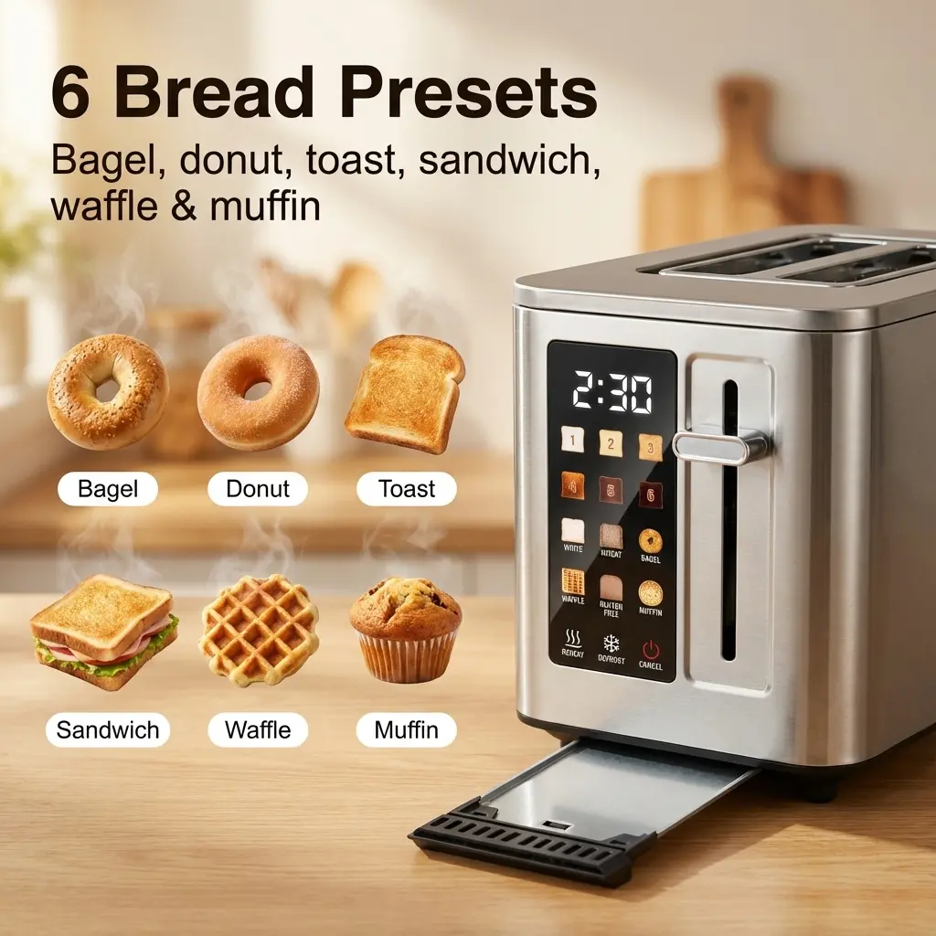 Taztir Smart Touchscreen Toaster | 2/4 Slice Stainless Steel Toaster | 6 Bread Presets & Shades | RV/Camping Essential | Ideal for Bagels & Artisan Breads | Fast Even Toasting & Easy Clean