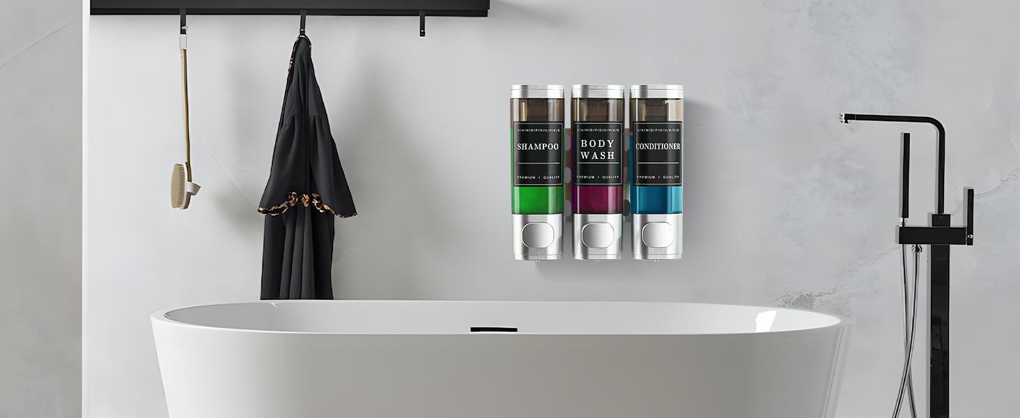 Shampoo and Conditioner Dispenser,Shower Dispenser 3 Chamber No Drill Wall-Mounted Shampoo Dispenser for Shower Wall Mounted Shower Soap Dispenser for Bathroom Hotel Large Capacity,Light Silver