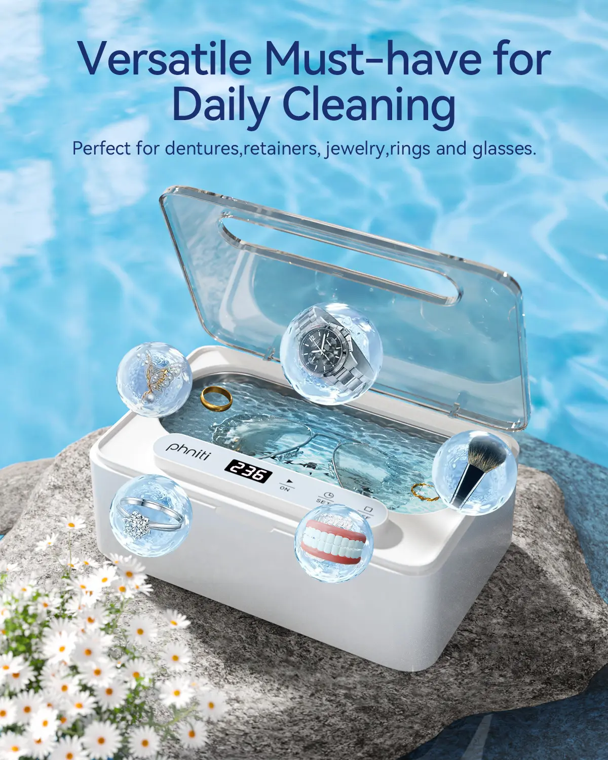 Ultrasonic Cleaner Appliance, 48KHz Frequency, Stainless Steel Tank, Dual Modes, Home Bathroom Sterilizer for Jewelry & Glasses