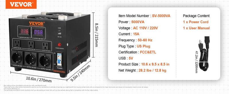 VEVOR Voltage Converter Transformer, TikTokShopBlackFriday, 5000W, Heavy Duty Step Up/Down Transformer, Convert from 110 Volt to 220 Volt and from 220 Volt to 110 Volt, with US Outlet EU Outlet 5V USB Port, CE Certified VEVOR Voltage Converter Transformer, TikTokShopBlackFriday, 5000W, Heavy Duty Step Up/Down Transformer, Convert from 110 Volt to 220 Volt and from 220 Volt to 110 Volt, with US Outlet EU Outlet 5V USB Port, CE Certified